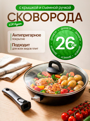 Сковорода с крышкой и съемной ручкой d26 Frypan